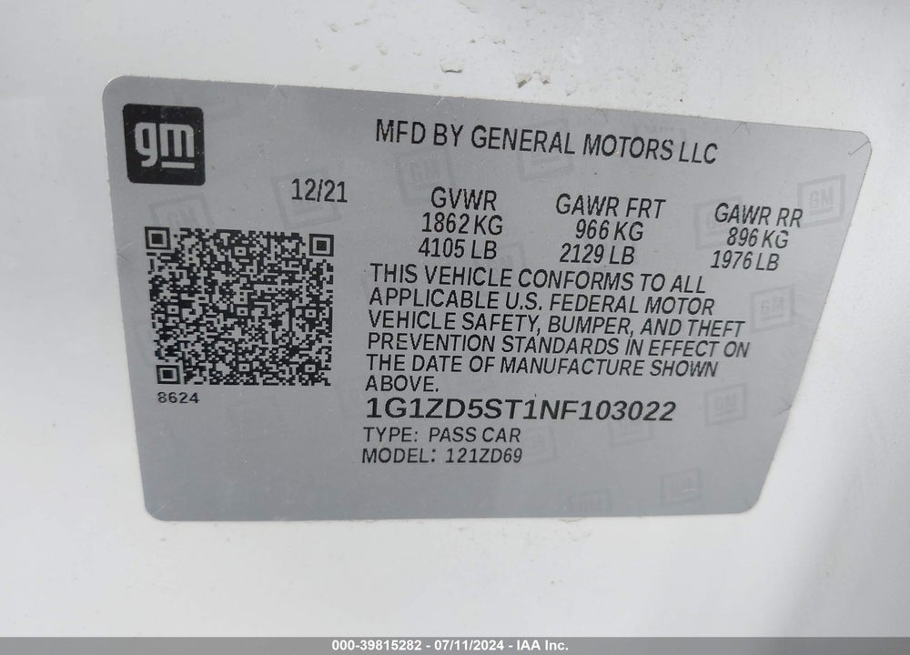 2022 CHEVROLET MALIBU FWD LT VIN: 1G1ZD5ST1NF103022