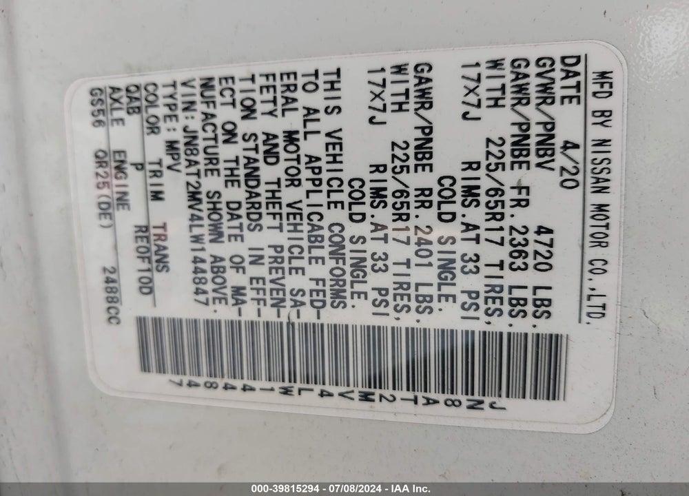 2020 NISSAN ROGUE SV INTELLIGENT AWD VIN: JN8AT2MV4LW144847