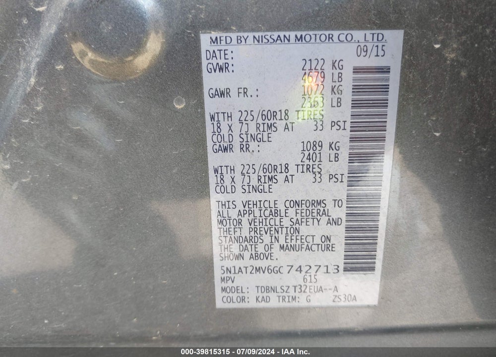 2016 NISSAN ROGUE SL VIN: 5N1AT2MV6GC742713