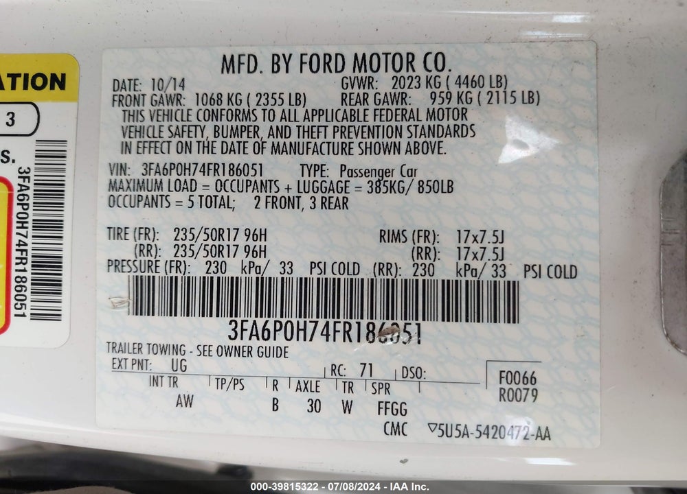 2015 FORD FUSION SE VIN: 3FA6P0H74FR186051
