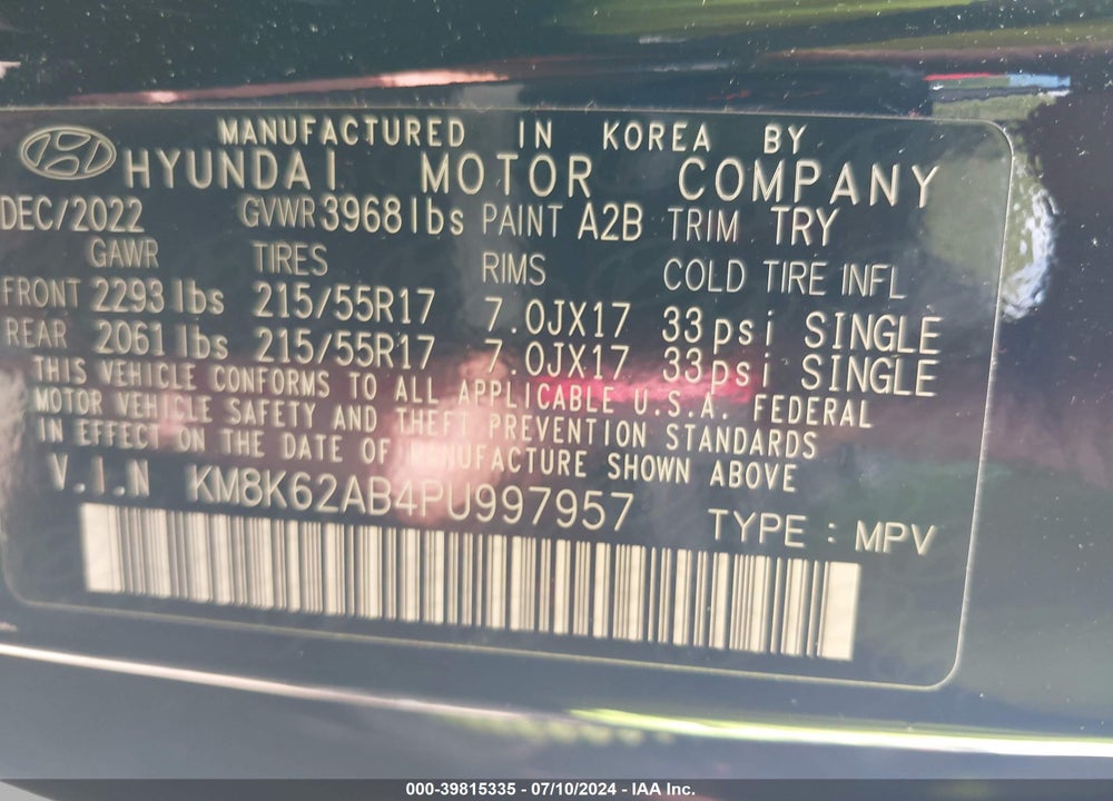 2023 HYUNDAI KONA SEL VIN: KM8K62AB4PU997957