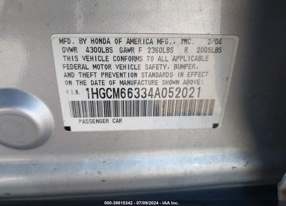 2004 HONDA ACCORD 3.0 LX VIN: 1HGCM66334A052021