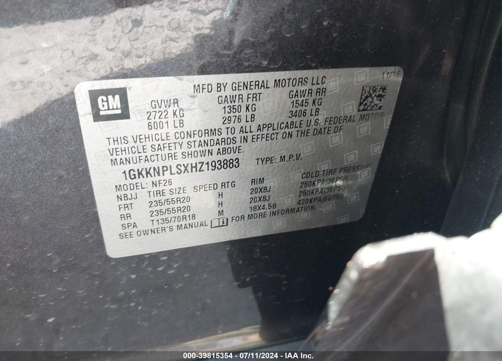 2017 GMC ACADIA DENALI VIN: 1GKKNPLSXHZ193883