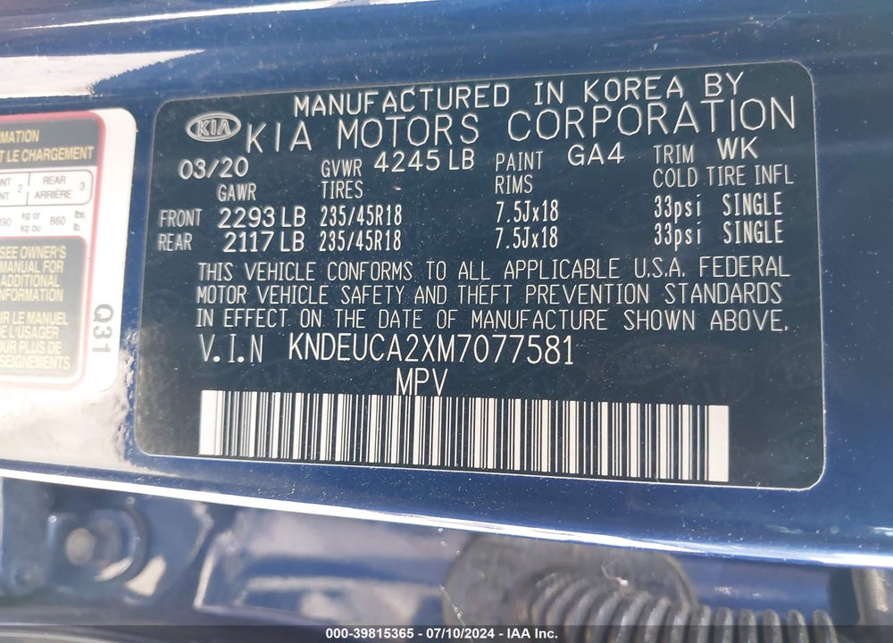 2021 KIA SELTOS S TURBO VIN: KNDEUCA2XM7077581