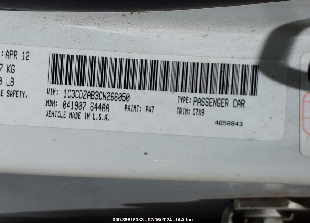 2012 DODGE AVENGER SE VIN: 1C3CDZAB3CN266050