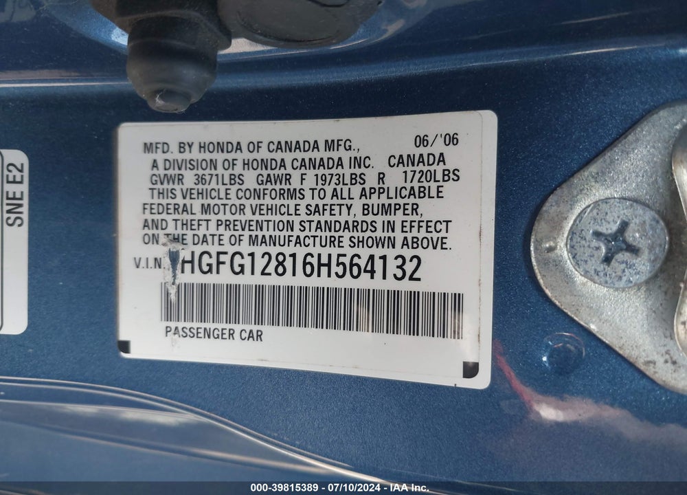 2006 HONDA CIVIC EX VIN: 2HGFG12816H564132