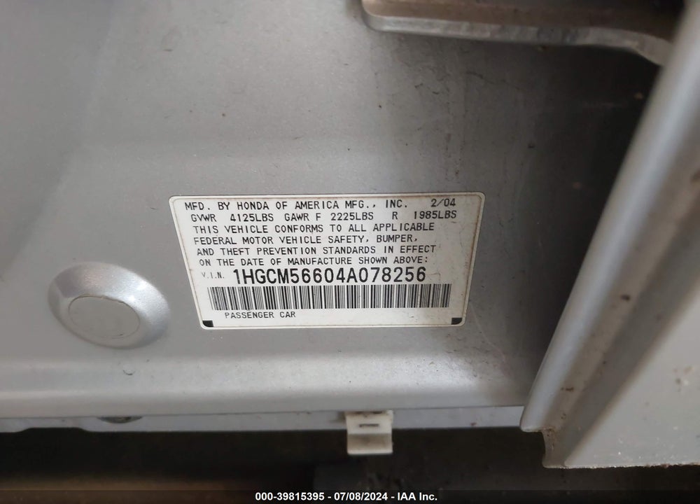 2004 HONDA ACCORD 2.4 EX VIN: 1HGCM56604A078256