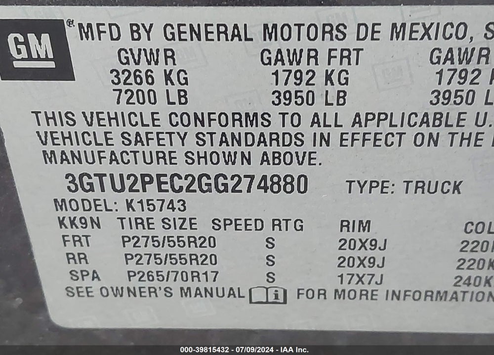 2016 GMC SIERRA 1500 DENALI VIN: 3GTU2PEC2GG274880