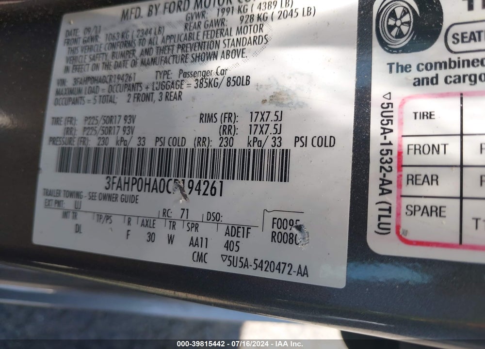 2012 FORD FUSION SE VIN: 3FAHP0HA0CR194261
