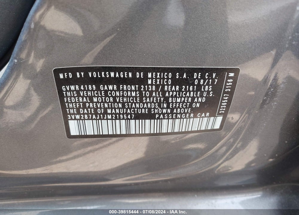 2018 VOLKSWAGEN JETTA 1.4T S VIN: 3VW2B7AJ1JM219547