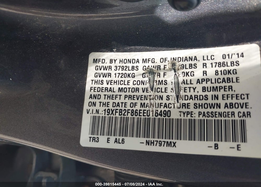 2014 HONDA CIVIC EX VIN: 19XFB2F86EE016490