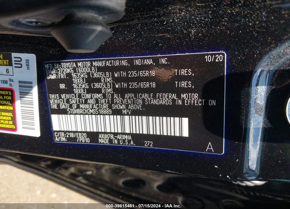 2021 TOYOTA HIGHLANDER HYBRID XLE VIN: 5TDHBRCH2MS518889