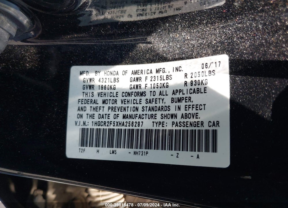 2017 HONDA ACCORD SPORT VIN: 1HGCR2F5XHA256297