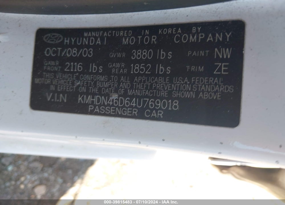 2004 HYUNDAI ELANTRA GLS/GT VIN: KMHDN46D64U769018