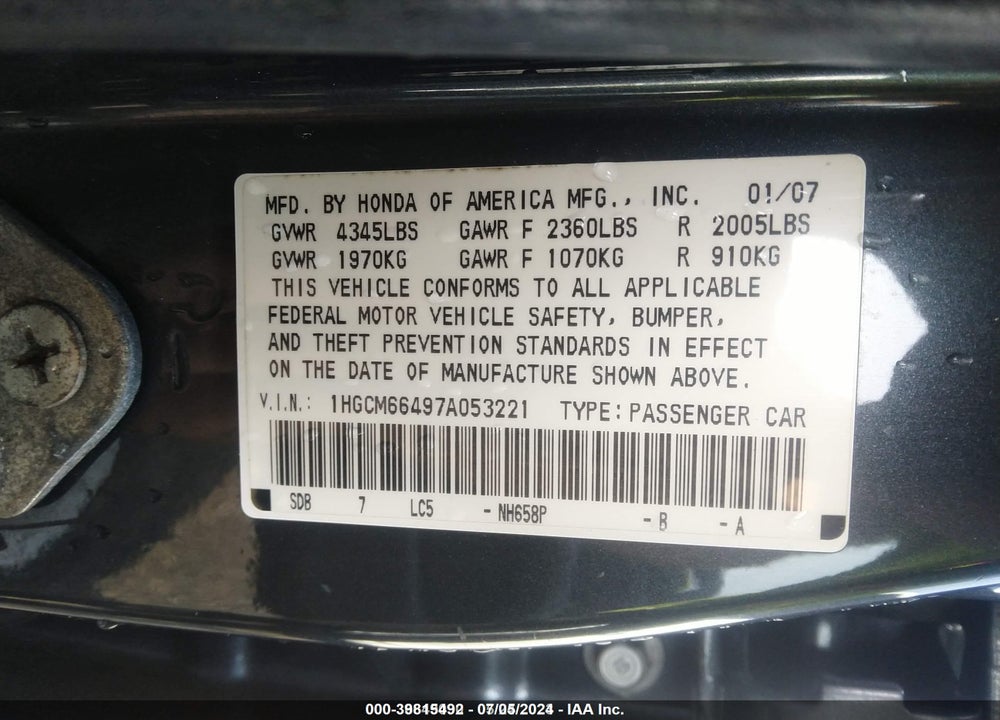 2007 HONDA ACCORD 3.0 SE VIN: 1HGCM66497A053221