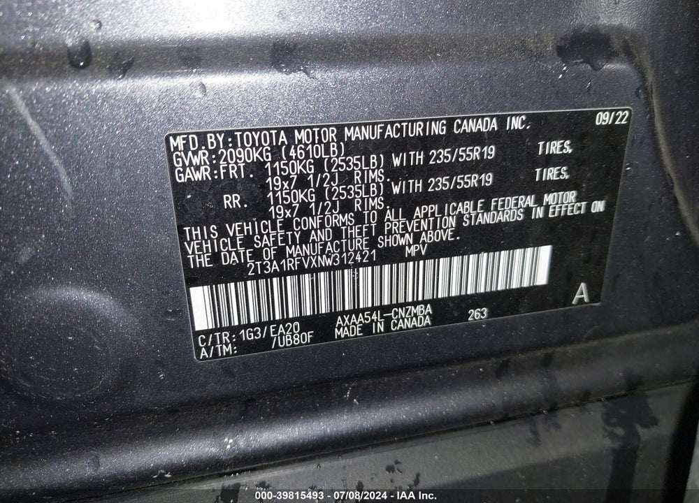 2022 TOYOTA RAV4 XLE PREMIUM VIN: 2T3A1RFVXNW312421
