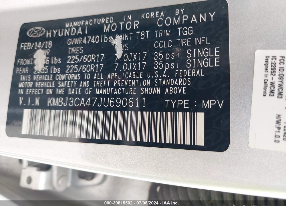 2018 HYUNDAI TUCSON SEL VIN: KM8J3CA47JU690611