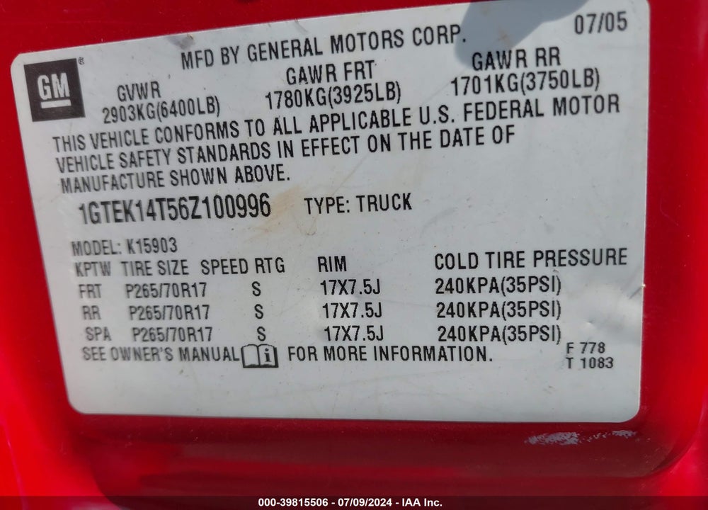 2006 GMC SIERRA 1500 SL VIN: 1GTEK14T56Z100996
