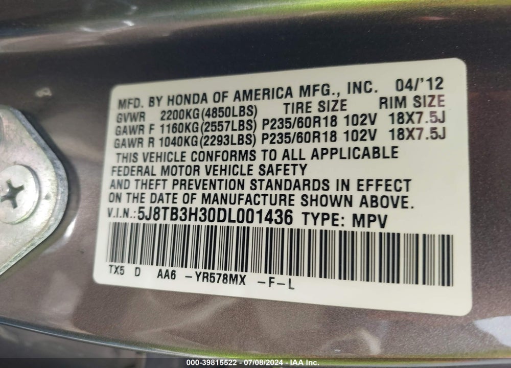2013 ACURA RDX VIN: 5J8TB3H30DL001436