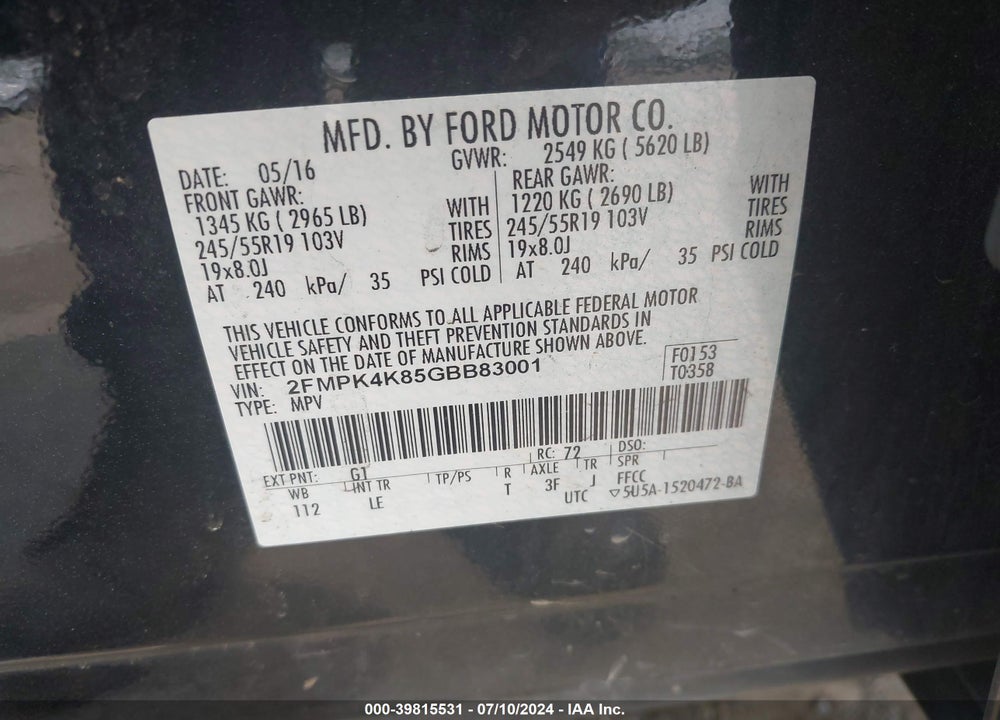 2016 FORD EDGE TITANIUM VIN: 2FMPK4K85GBB83001
