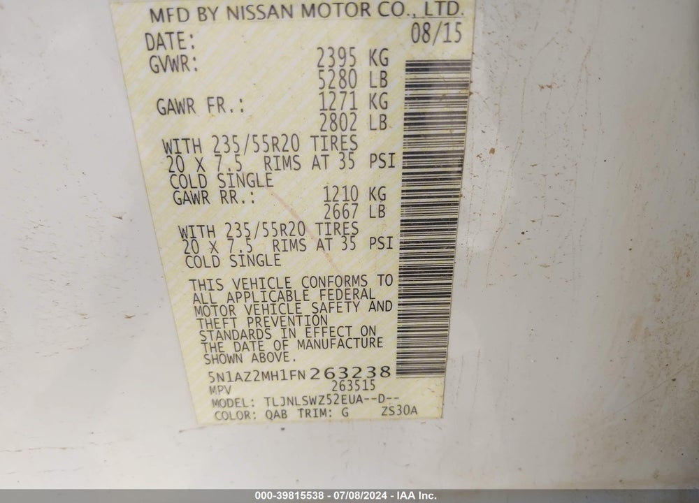 2015 NISSAN MURANO PLATINUM VIN: 5N1AZ2MH1FN263238