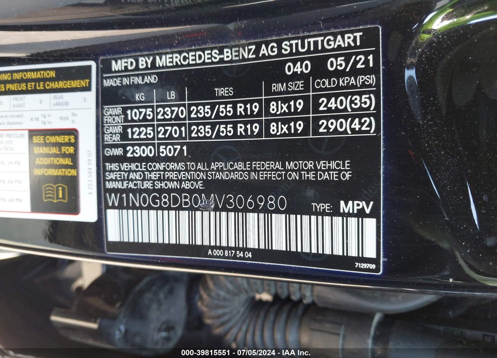 2021 MERCEDES-BENZ GLC 300 SUV VIN: W1N0G8DB0MV306980