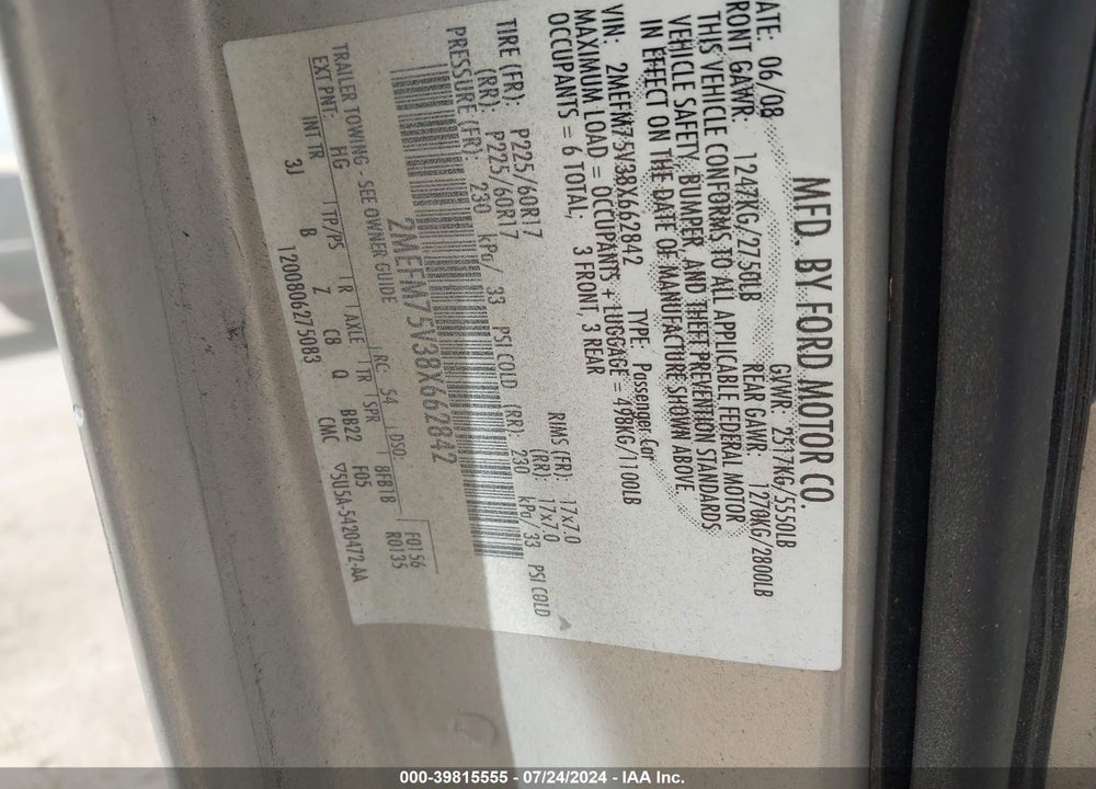 2008 MERCURY GRAND MARQUIS LS VIN: 2MEFM75V38X662842