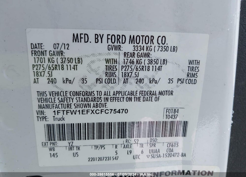 2012 FORD F-150 XLT VIN: 1FTFW1EFXCFC75470