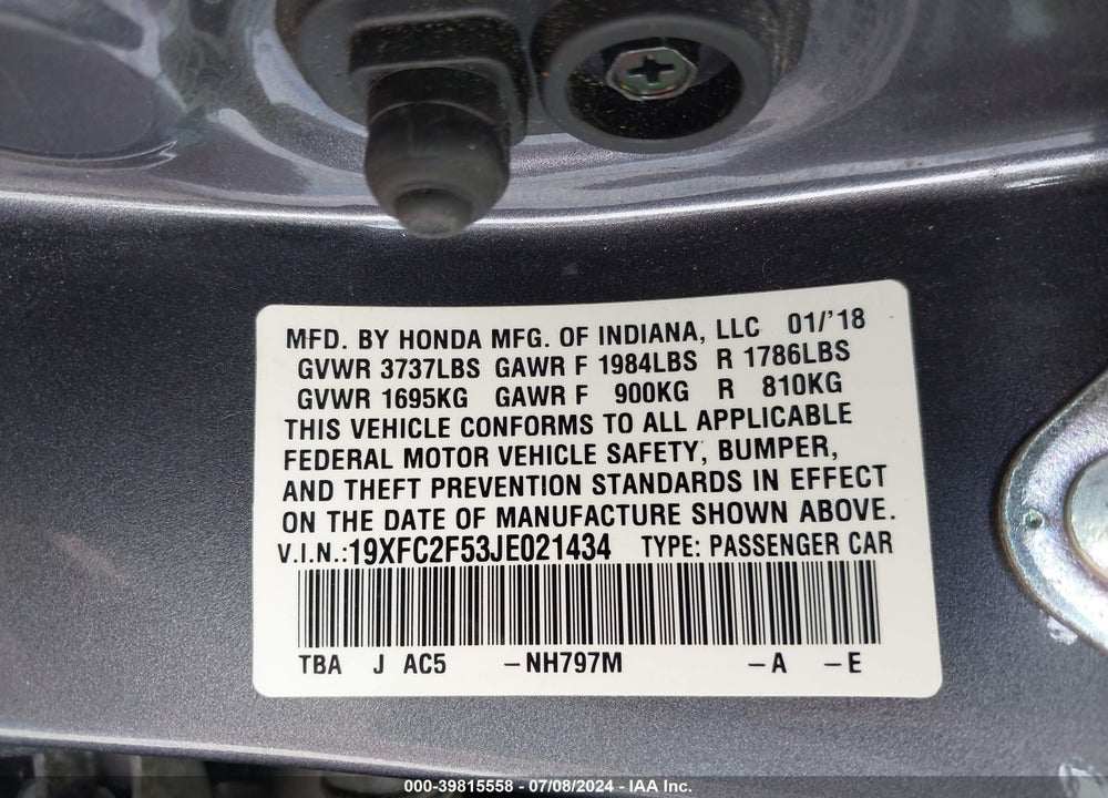 2018 HONDA CIVIC LX VIN: 19XFC2F53JE021434