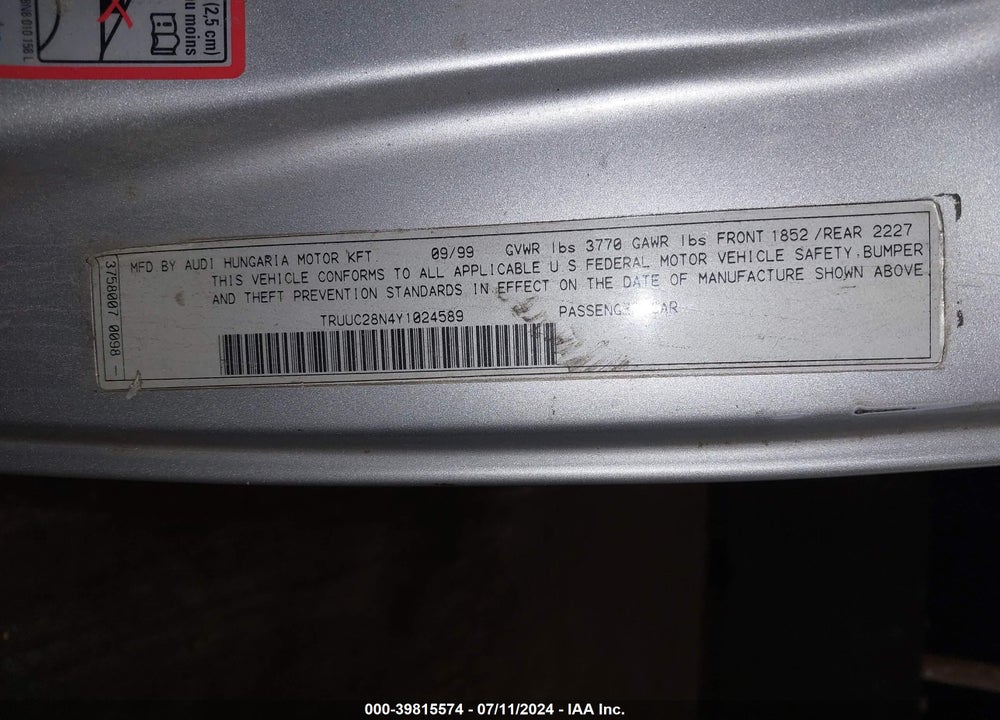 2000 AUDI TT VIN: TRUUC28N4Y1024589