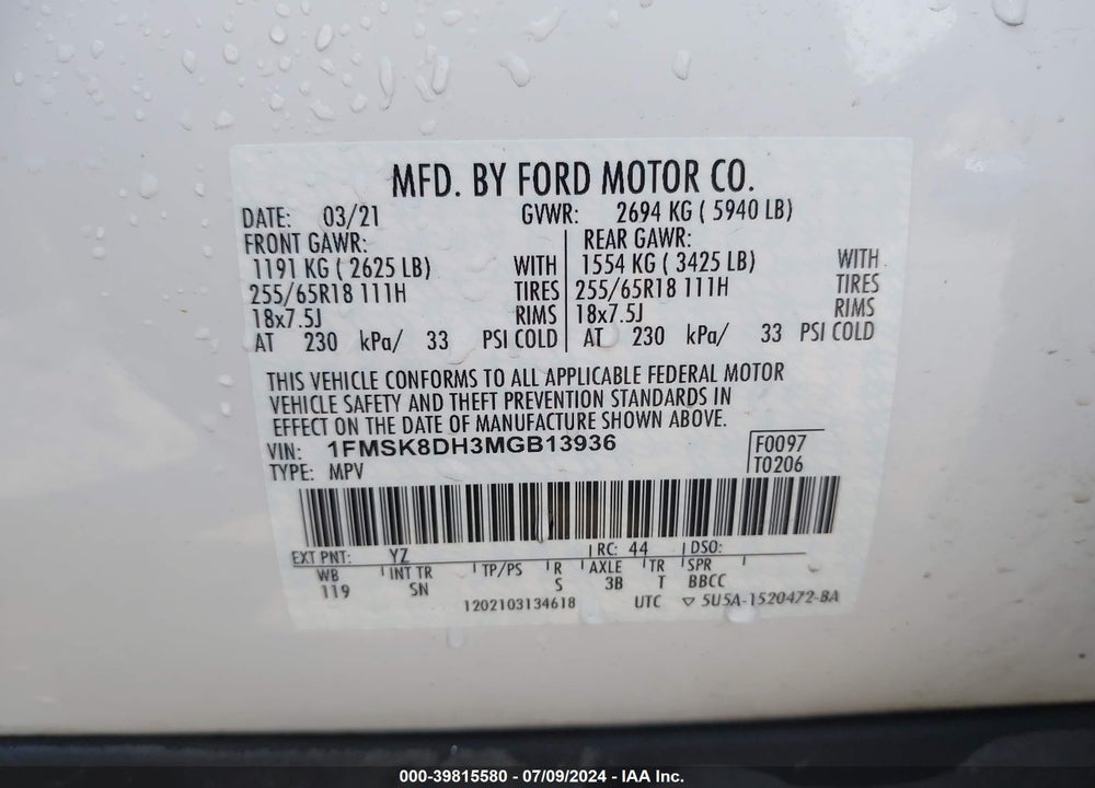 2021 FORD EXPLORER XLT VIN: 1FMSK8DH3MGB13936