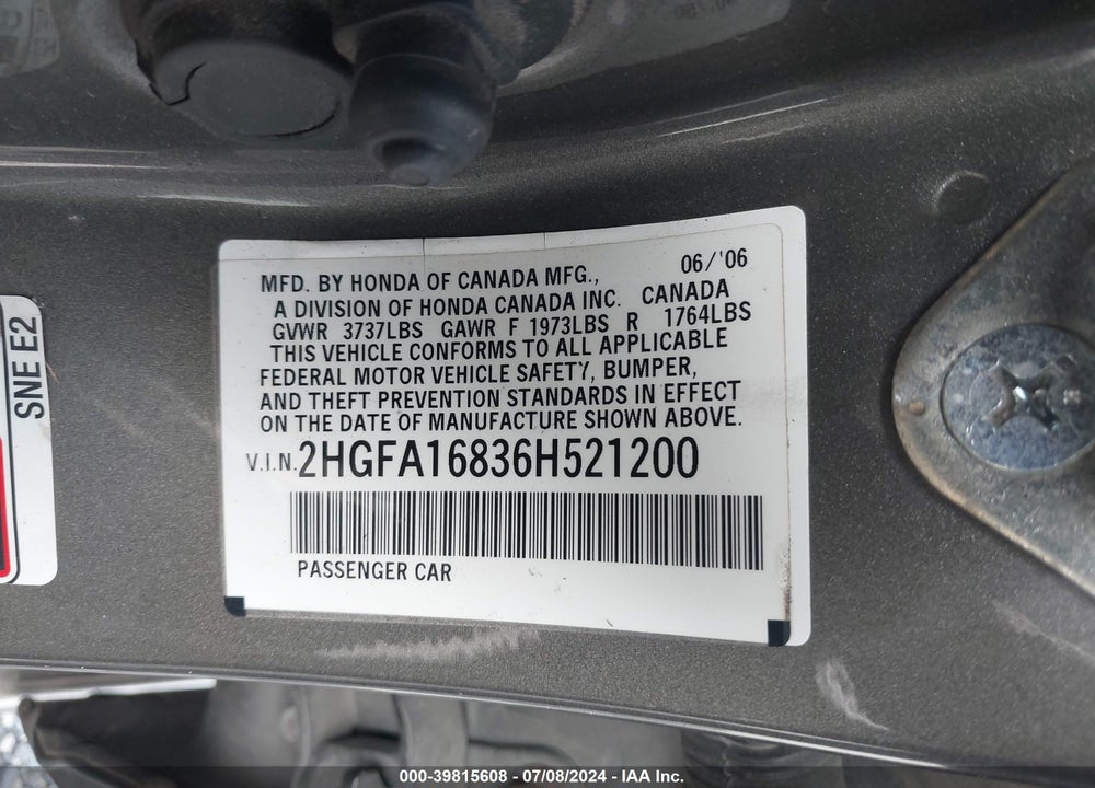 2006 HONDA CIVIC EX VIN: 2HGFA16836H521200