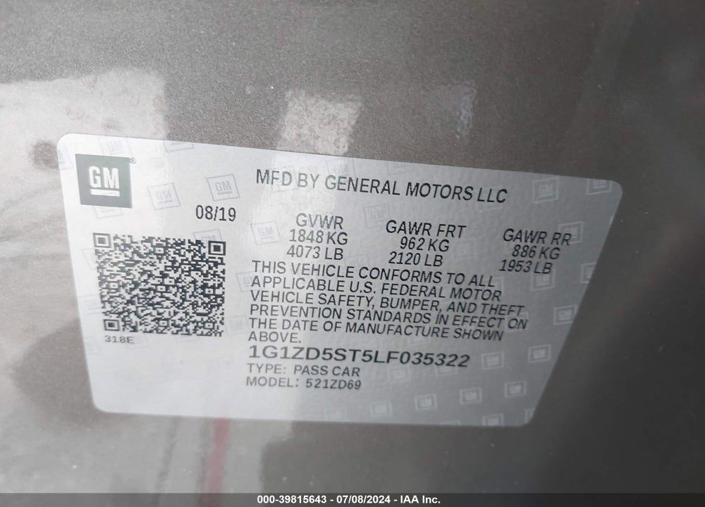 2020 CHEVROLET MALIBU FWD LT VIN: 1G1ZD5ST5LF035322