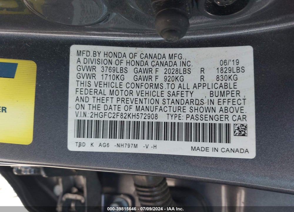 2019 HONDA CIVIC SPORT VIN: 2HGFC2F82KH572908