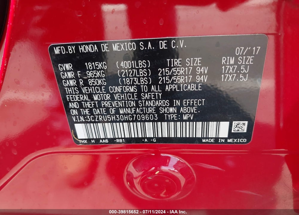 2017 HONDA HR-V LX VIN: 3CZRU5H30HG709603