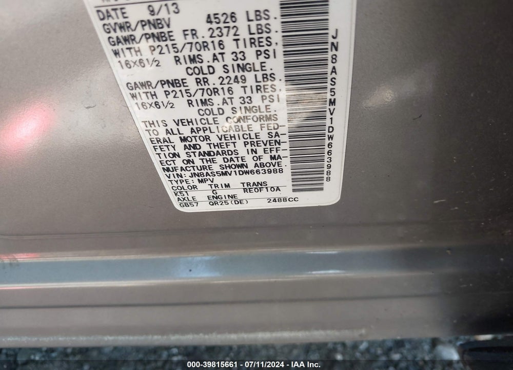 2013 NISSAN ROGUE S VIN: JN8AS5MV1DW663988
