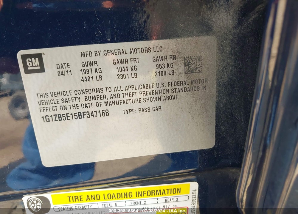 2011 CHEVROLET MALIBU LS VIN: 1G1ZB5E15BF347168