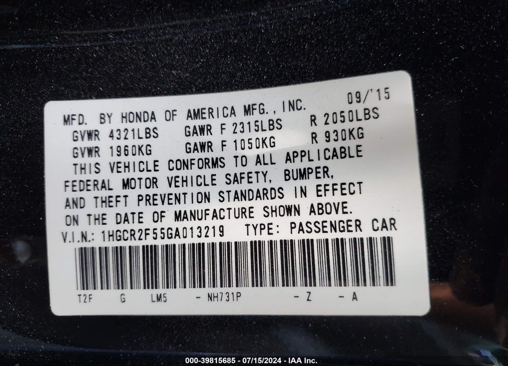 2016 HONDA ACCORD SPORT VIN: 1HGCR2F55GA013219