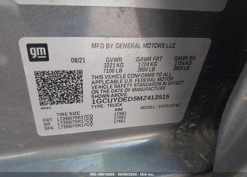 2021 CHEVROLET SILVERADO 1500 4WD STANDARD BED LT VIN: 1GCUYDED5MZ413515
