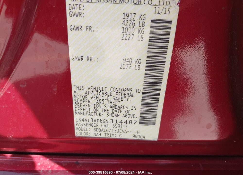 2016 NISSAN ALTIMA 2.5 S VIN: 1N4AL3AP6GN314487