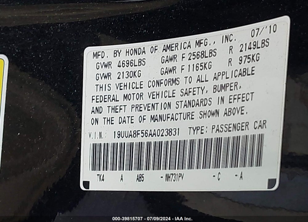 2010 ACURA TL 3.5 VIN: 19UUA8F56AA023831