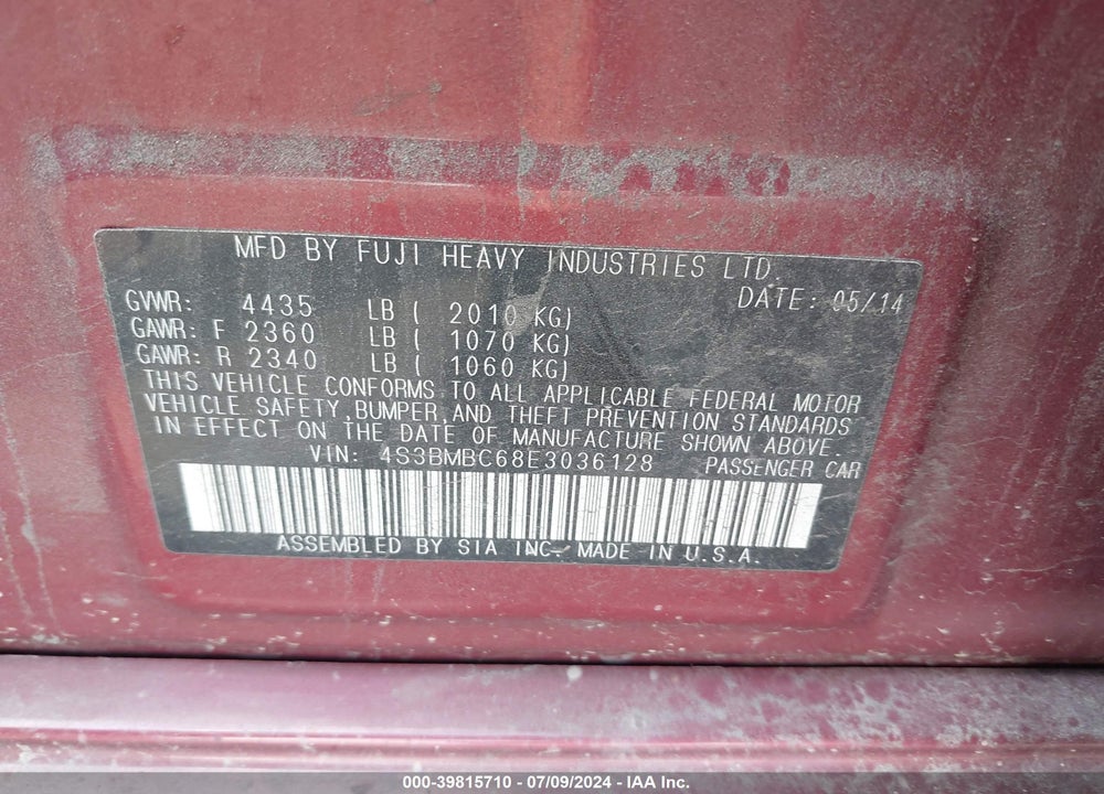 2014 SUBARU LEGACY VIN: 4S3BMBC68E3036128