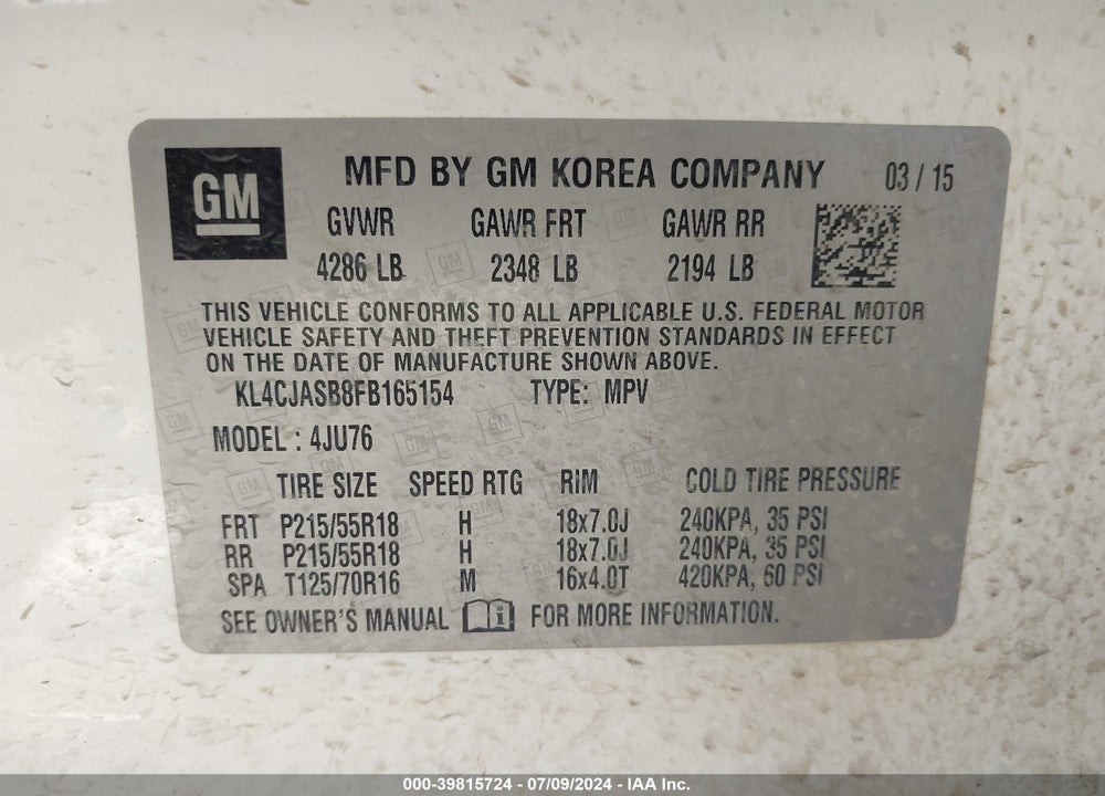 2015 BUICK ENCORE VIN: KL4CJASB8FB165154