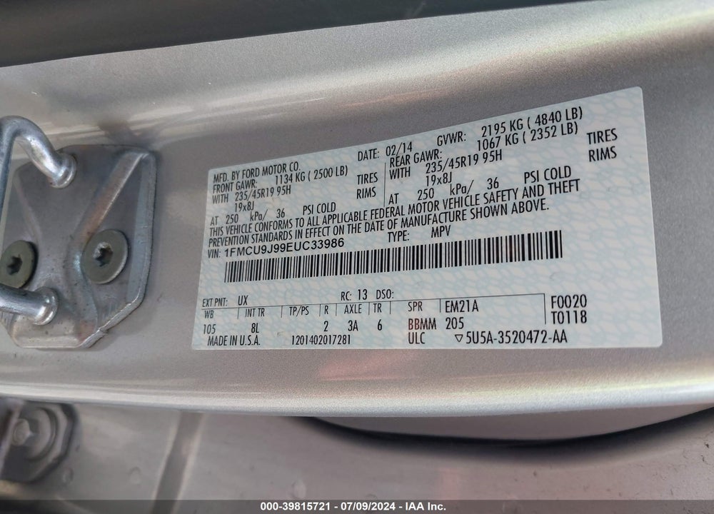 2014 FORD ESCAPE TITANIUM VIN: 1FMCU9J99EUC33986