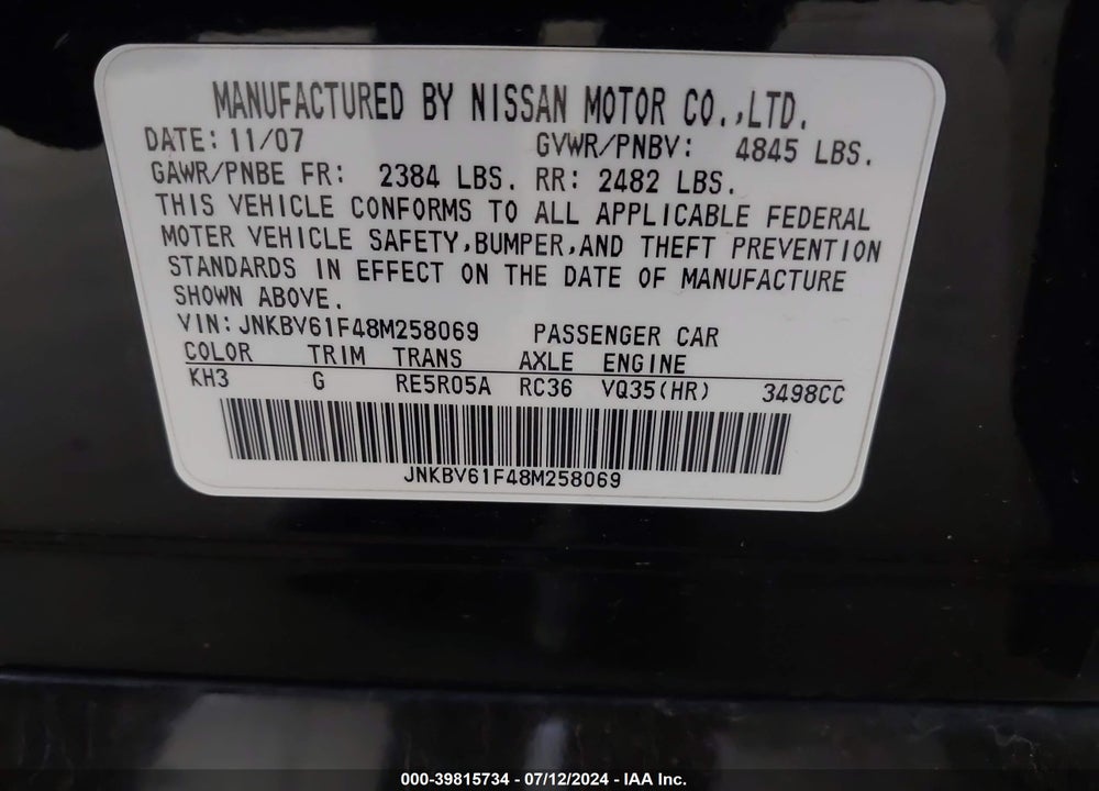 2008 INFINITI G35X VIN: JNKBV61F48M258069