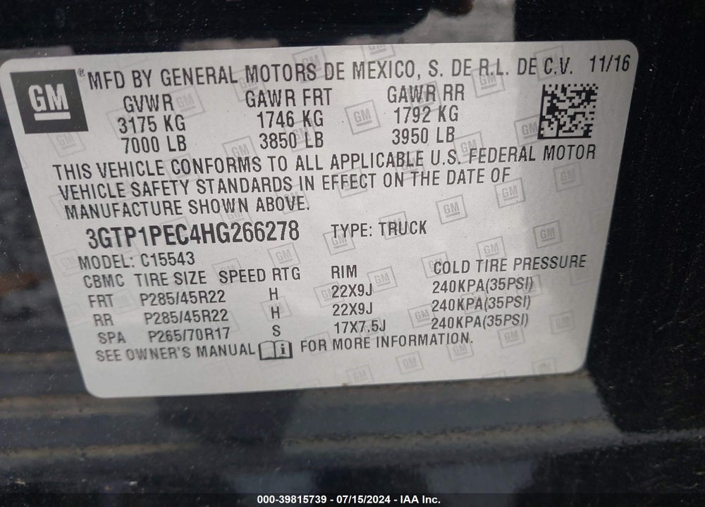 2017 GMC SIERRA 1500 DENALI VIN: 3GTP1PEC4HG266278