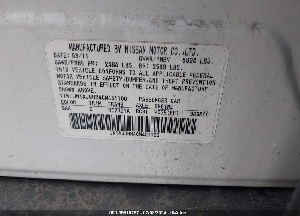 2012 INFINITI EX35 JOURNEY VIN: JN1AJ0HR4CM451100