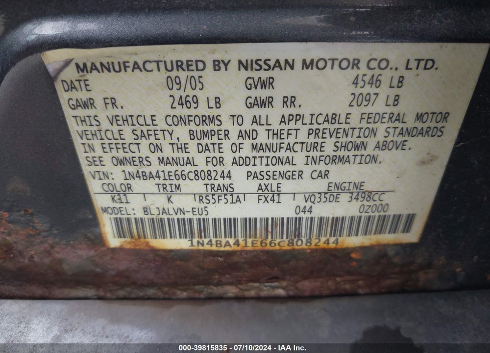 2006 NISSAN MAXIMA 3.5 SE VIN: 1N4BA41E66C808244