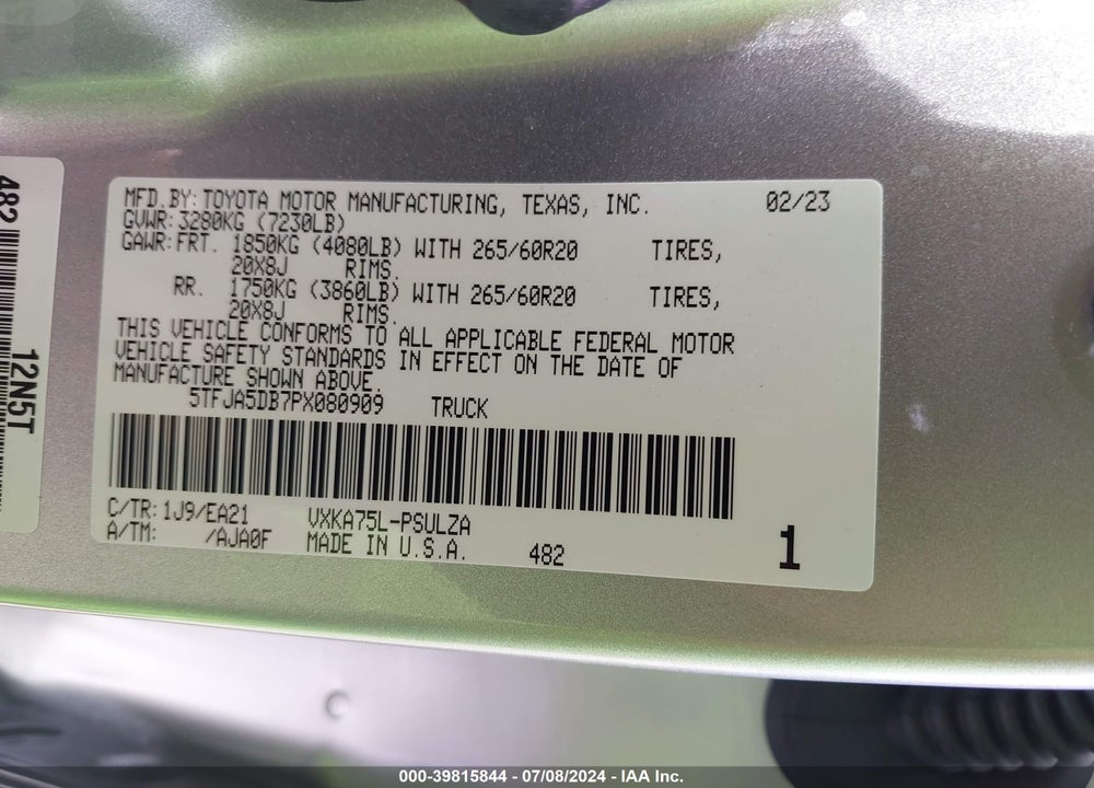 2023 TOYOTA TUNDRA LIMITED VIN: 5TFJA5DB7PX080909