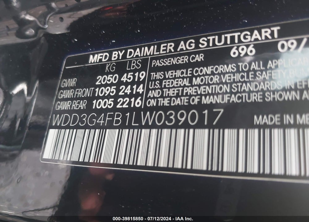 2020 MERCEDES-BENZ A 220 4MATIC VIN: WDD3G4FB1LW039017